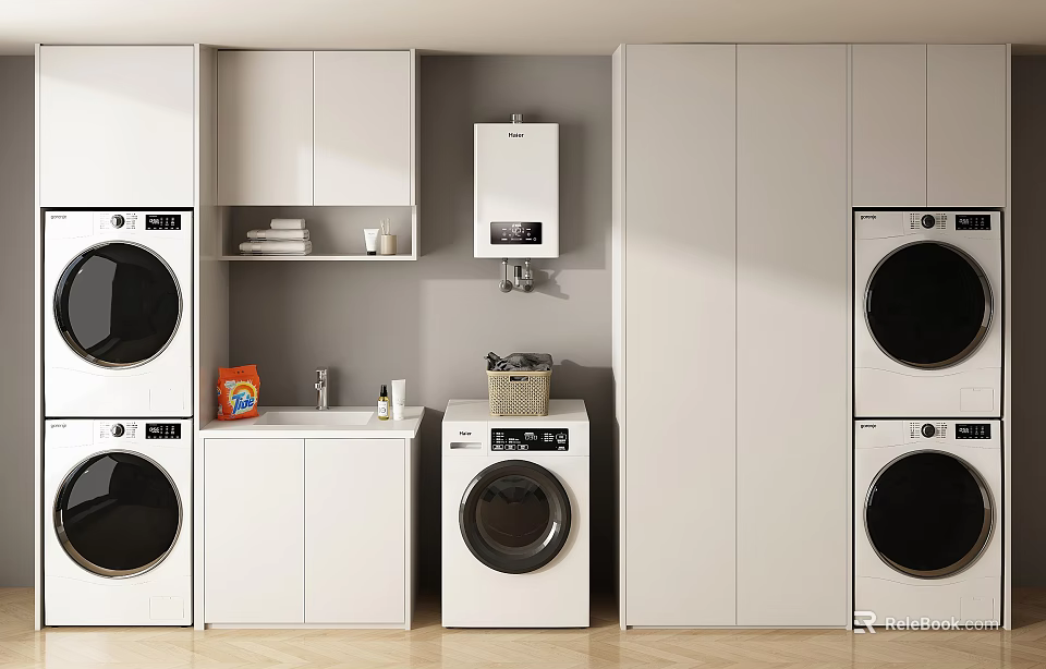 Modern Washing Machines In Tidy Laundry Room With Cabinets Sink And Storage 3d model 