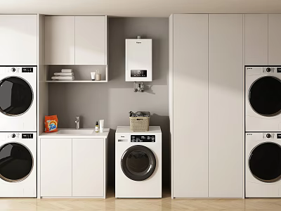 Modern Washing Machines In Tidy Laundry Room With Cabinets Sink And Storage 3d model