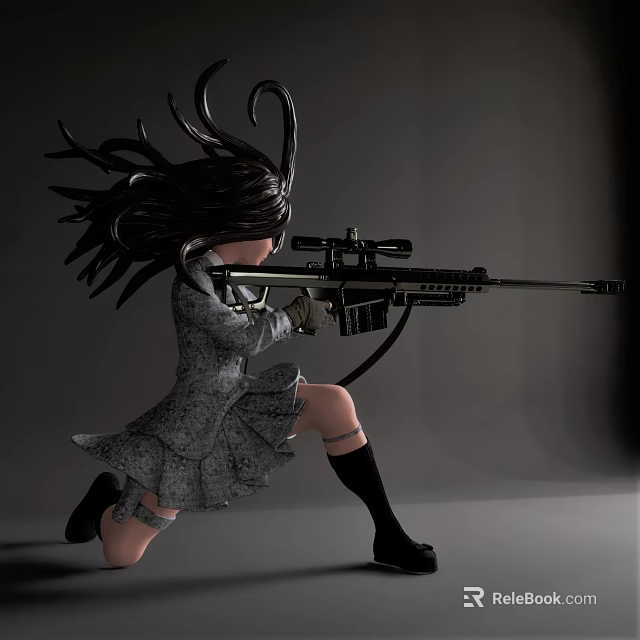 Dynamic Game And Movie Character With Long Flowing Hair Gray Dress Holding Sniper Rifle 3d model 