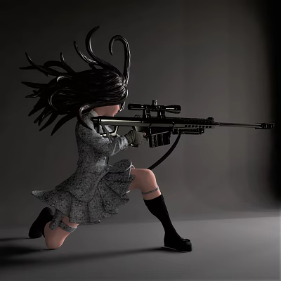 Dynamic Game And Movie Character With Long Flowing Hair Gray Dress Holding Sniper Rifle 3d model