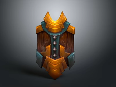 3D Model Decorative Shield with Golden Brown Metallic Wooden Texture and Ornate Geometric Design 3d model