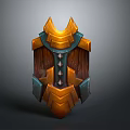 3D Model Decorative Shield with Golden Brown Metallic Wooden Texture and Ornate Geometric Design