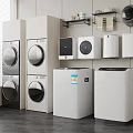 Modern Home Laundry Room Featuring White Black Stackable Front Load Washing Machines And Dryers 3d model