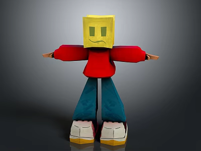 3D Cartoon Character With Yellow Cube Head Smiling Face Red Shirt Blue Pants White Shoes 3d model