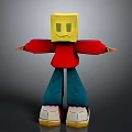 3D Cartoon Character With Yellow Cube Head Smiling Face Red Shirt Blue Pants White Shoes