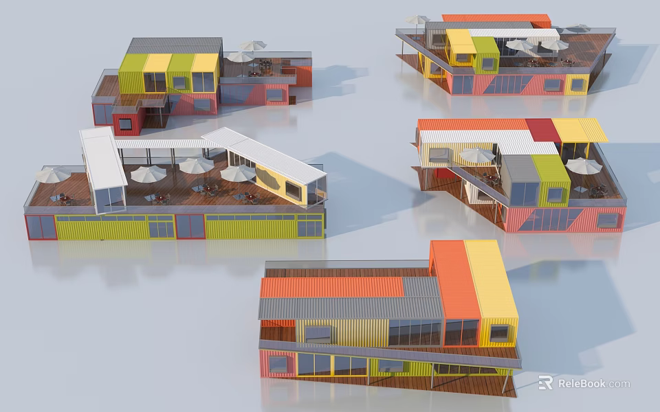 Colorful Container Buildings in Various Colors for Commercial Cafe with Outdoor Terraces and Umbrellas 3d model 