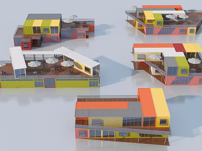 Colorful Container Buildings in Various Colors for Commercial Cafe with Outdoor Terraces and Umbrellas 3d model