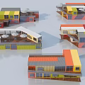 Colorful Container Buildings in Various Colors for Commercial Cafe with Outdoor Terraces and Umbrellas