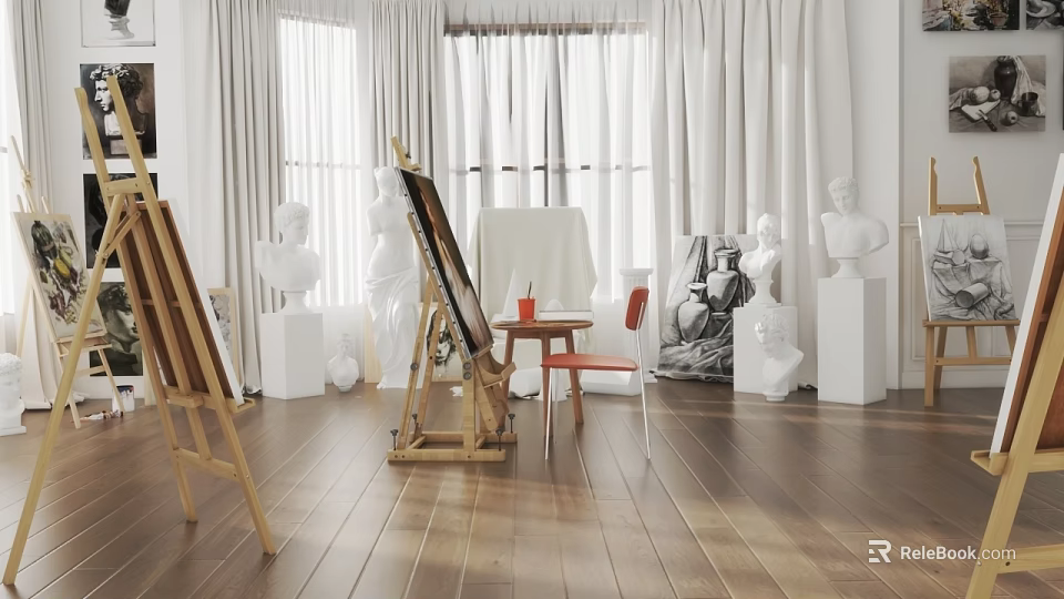 Fine Arts Studio Interior With Easel Human Figure Sculptures Curtains And Wooden Floor 3d model 