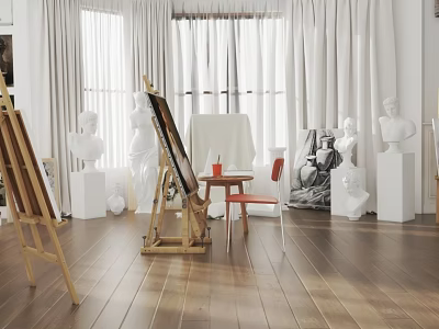 Fine Arts Studio Interior With Easel Human Figure Sculptures Curtains And Wooden Floor 3d model