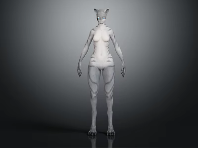 White Striped Humanoid Feline Character And Creature With Cat Ears Standing Pose 3d model