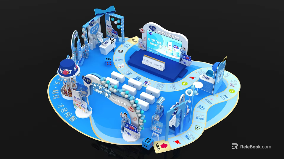 Modern Blue Exhibition Booth Design With Display Area Seating Screen And Decorative Elements 3d model