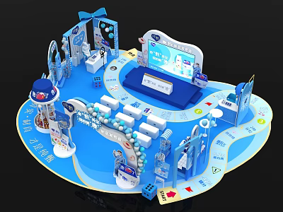Modern Blue Exhibition Booth Design With Display Area Seating Screen And Decorative Elements 3d model