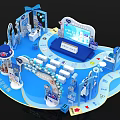 Modern Blue Exhibition Booth Design With Display Area Seating Screen And Decorative Elements 3d model