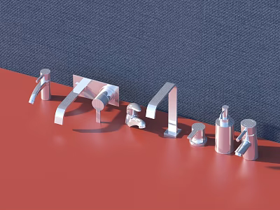 Various Modern Metal Faucet Designs Displayed On Red Countertop With Dark Background 3d model