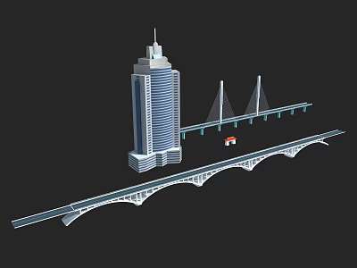 Modern Skyscraper With Cable Stayed Bridge Arch Bridge And Car On Urban Structure 3d model