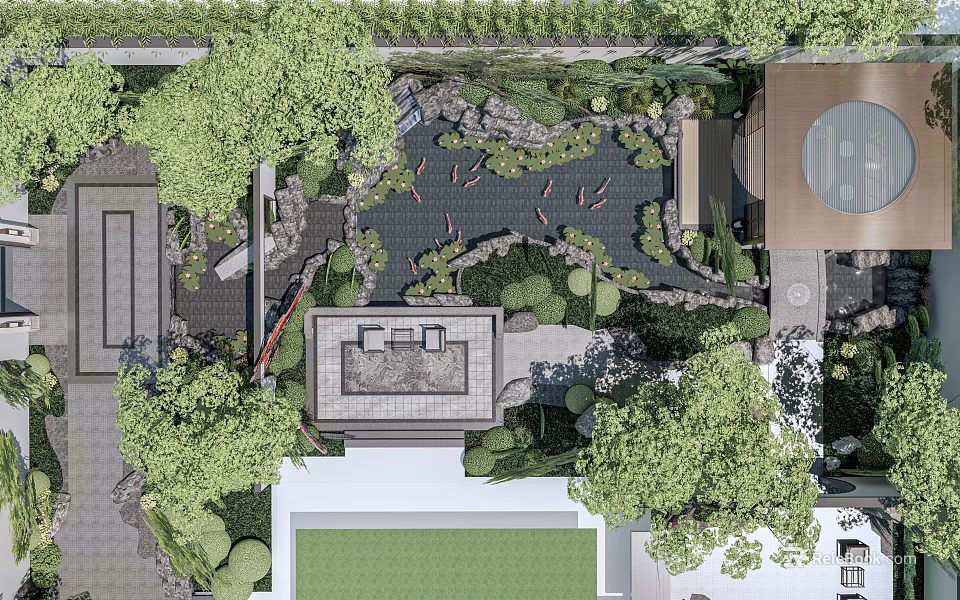 Serene Courtyard Garden With Koi Pond Rockery Lush Greenery And Seating Area 3d model 