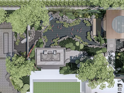Serene Courtyard Garden With Koi Pond Rockery Lush Greenery And Seating Area 3d model