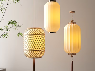 Traditional Bamboo Weave and Modern Paper Lanterns Hanging with Warm Glow in Interior Space 3d model