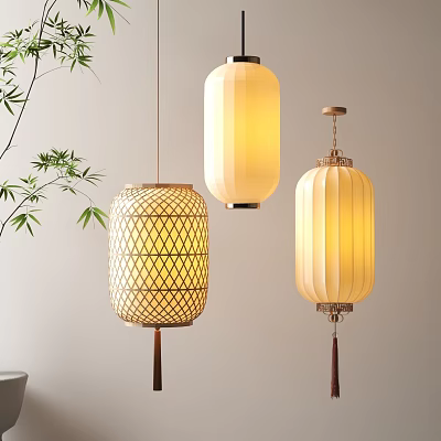 Traditional Bamboo Weave and Modern Paper Lanterns Hanging with Warm Glow in Interior Space 3d model