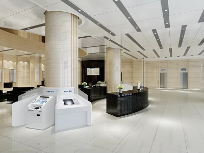 Modern Service Hall Interior With Self Service Terminals And Reception Desk 3d model