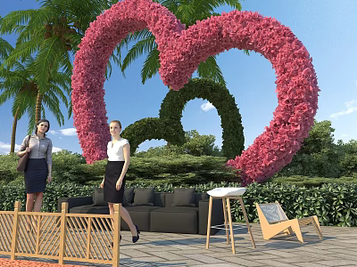 Rural Landscape With Pink Flower Heart Green Plant Shapes Palm Trees And Outdoor Furniture 3d model