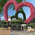 Rural Landscape With Pink Flower Heart Green Plant Shapes Palm Trees And Outdoor Furniture
