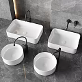 Modern White Countertop Washbasins With Black Faucets On Gray Marble