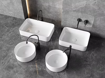 Modern White Countertop Washbasins With Black Faucets On Gray Marble 3d model