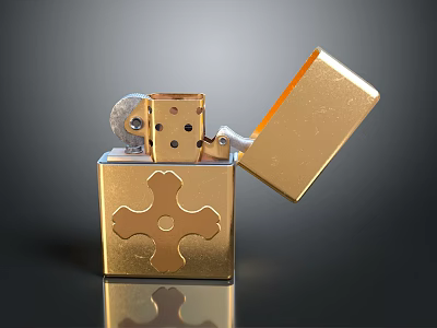 Stylish Golden Metallic Lighter With Open Lid Cross Pattern And Dice For Daily Use 3d model