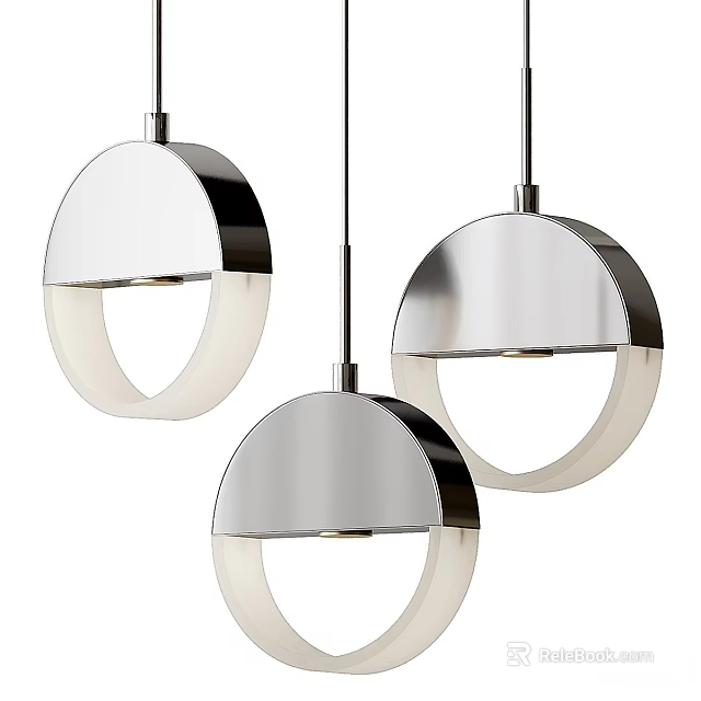 Three Modern Silver Metallic Pendant Lights with Circular White Inner Ring Design 3d model
