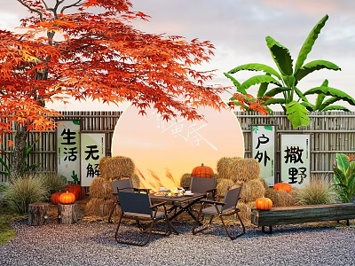 Rustic Garden Landscape With Red Maple Palm Trees Bamboo Fence Straw Bales And Pumpkins 3d model