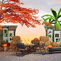 Rustic Garden Landscape With Red Maple Palm Trees Bamboo Fence Straw Bales And Pumpkins