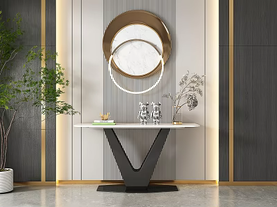 Elegant Console Table With Circular Mirror Gold Gray Wall Panels And Decorative Items 3d model