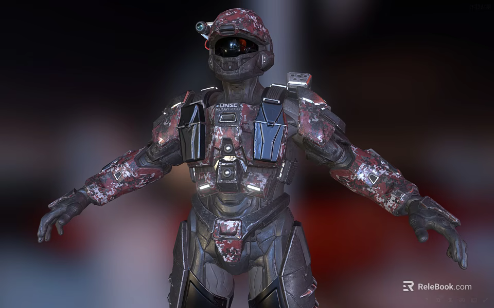 Game Movie Character in Red Black Camouflage Armor with Blue Accents Helmet and Visor 3d model 