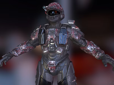 Game Movie Character in Red Black Camouflage Armor with Blue Accents Helmet and Visor 3d model