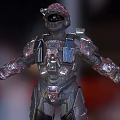 Game Movie Character in Red Black Camouflage Armor with Blue Accents Helmet and Visor