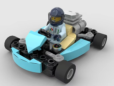 Blue Building Blocks Go Kart With Mini Figure Driver And Black Wheels 3d model