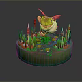 Winged Green Frog Game Character on Circular Base with Lily Pad Patterns and Red Reeds