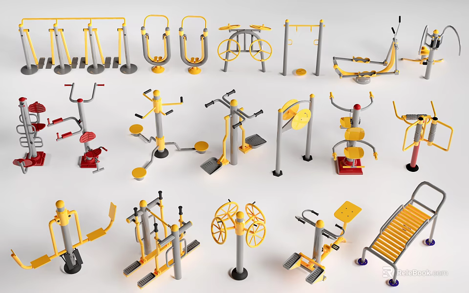 Various Fitness Equipment For Different Workouts With Colorful Designs And Functions 3d model 