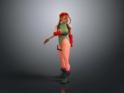 Woman In Red Beret Green Bodysuit Red Gloves Black Boots Holding Whip 3d model