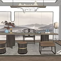 Chinese Tea Room Interior Featuring Mountain Landscape Wall Tea Table Wooden Stools And Pendant Light