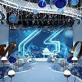 Luxurious Banquet Hall With Gorgeous Ceiling Blue Decorations Crystal Chandeliers Stage And Tables Chairs