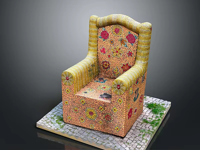 Ornate Yellow Chair With Colorful Floral Patterns On Stone Slab Platform And Green Grass Decorations 3d model