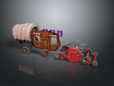 Vintage Covered Wagon With Metal Wheel Parts Displayed On Gray Surface 3d model