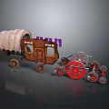 Vintage Covered Wagon With Metal Wheel Parts Displayed On Gray Surface