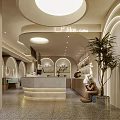 Modern Artistic Café Interior Featuring Green Plants Red Sculpture Curved Walls And Terrazzo Floor