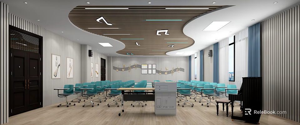 Dark Colored Shoe Bench In Spacious Meeting Room With Blue Office Chairs Wavy Wooden Ceiling 3d model 