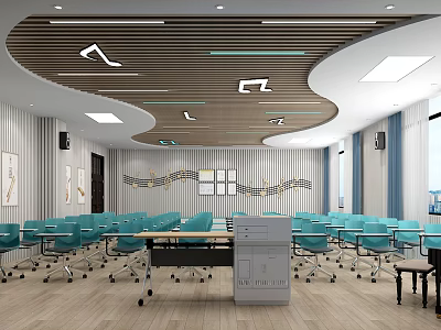 Dark Colored Shoe Bench In Spacious Meeting Room With Blue Office Chairs Wavy Wooden Ceiling 3d model