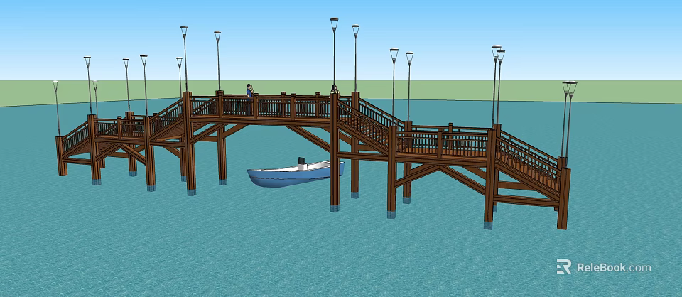 Scenic Wooden Landscape Bridge Over Calm Water With Small Boat And Street Lamps 3d model 